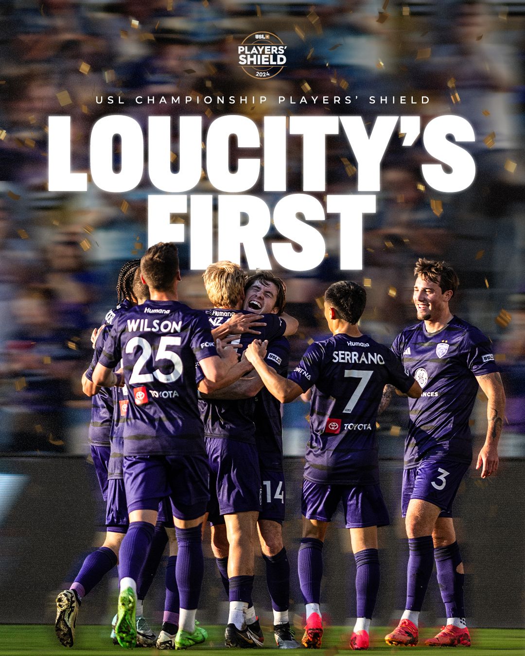 Louisville City FC players huddle together celebrating their first USL Championship Shield victory.