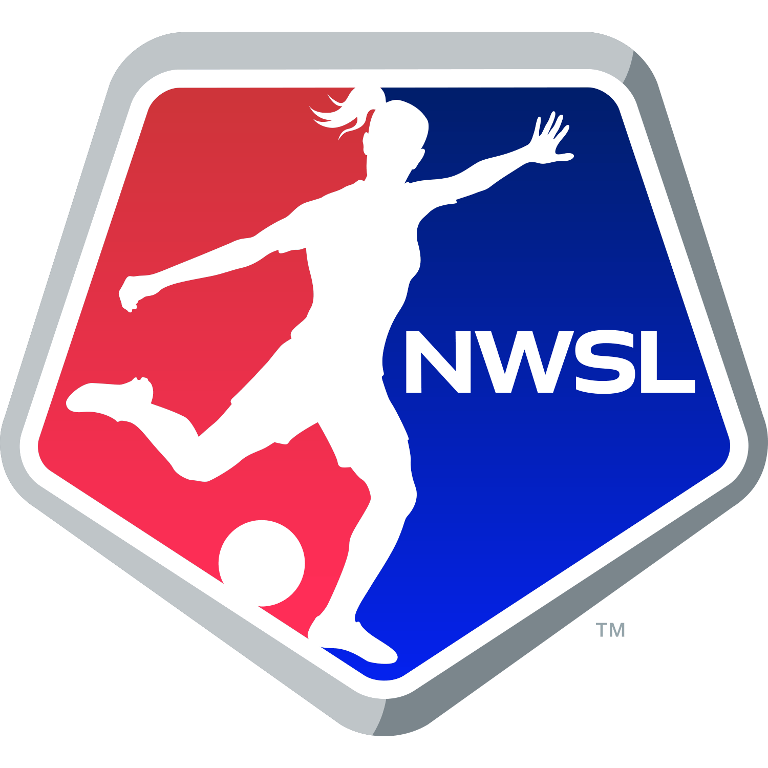NWSL National Women's Soccer League official logo with red and blue shield design featuring a female soccer player silhouette.