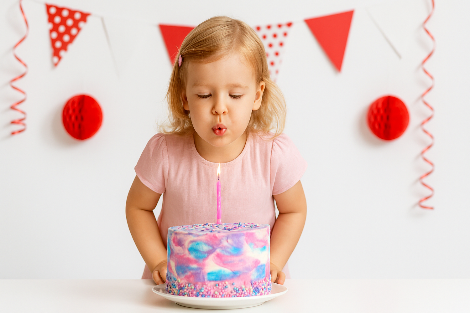 Little girl blowing birthday cake candles: 