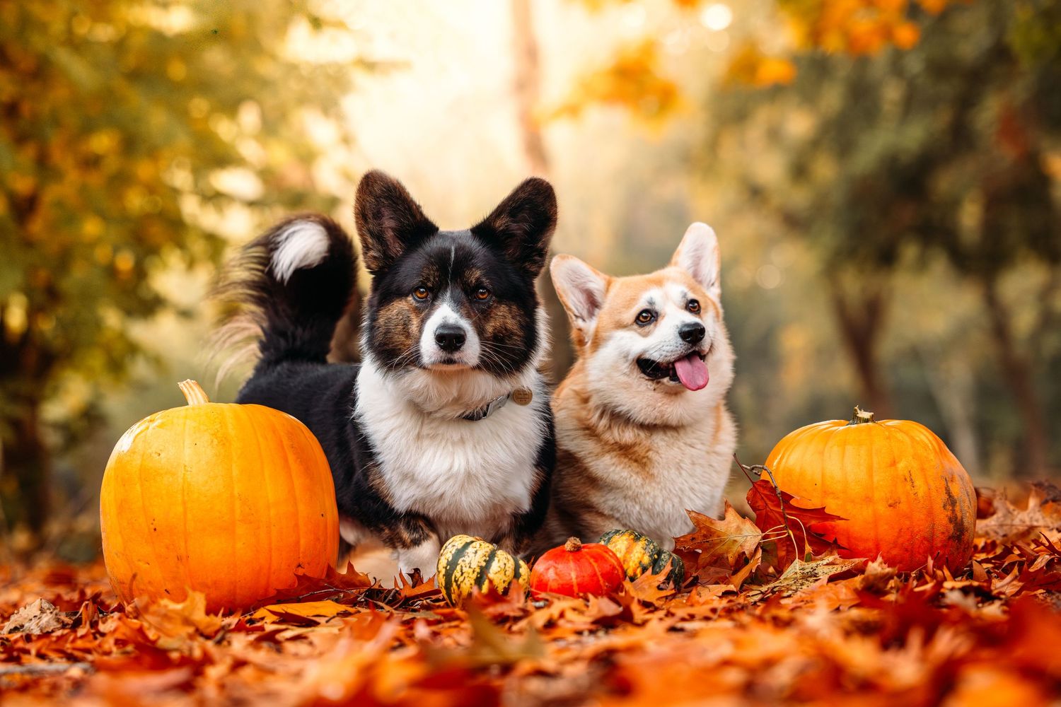 Two happy Corgi dogs posing with pumpkins among fallen autumn leaves.