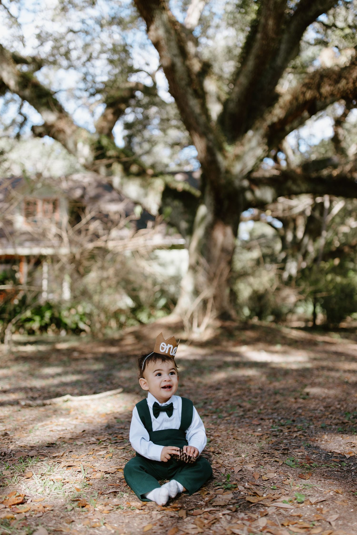 Child in green overalls and bowtie sits in autumn leaves under majestic oak trees.