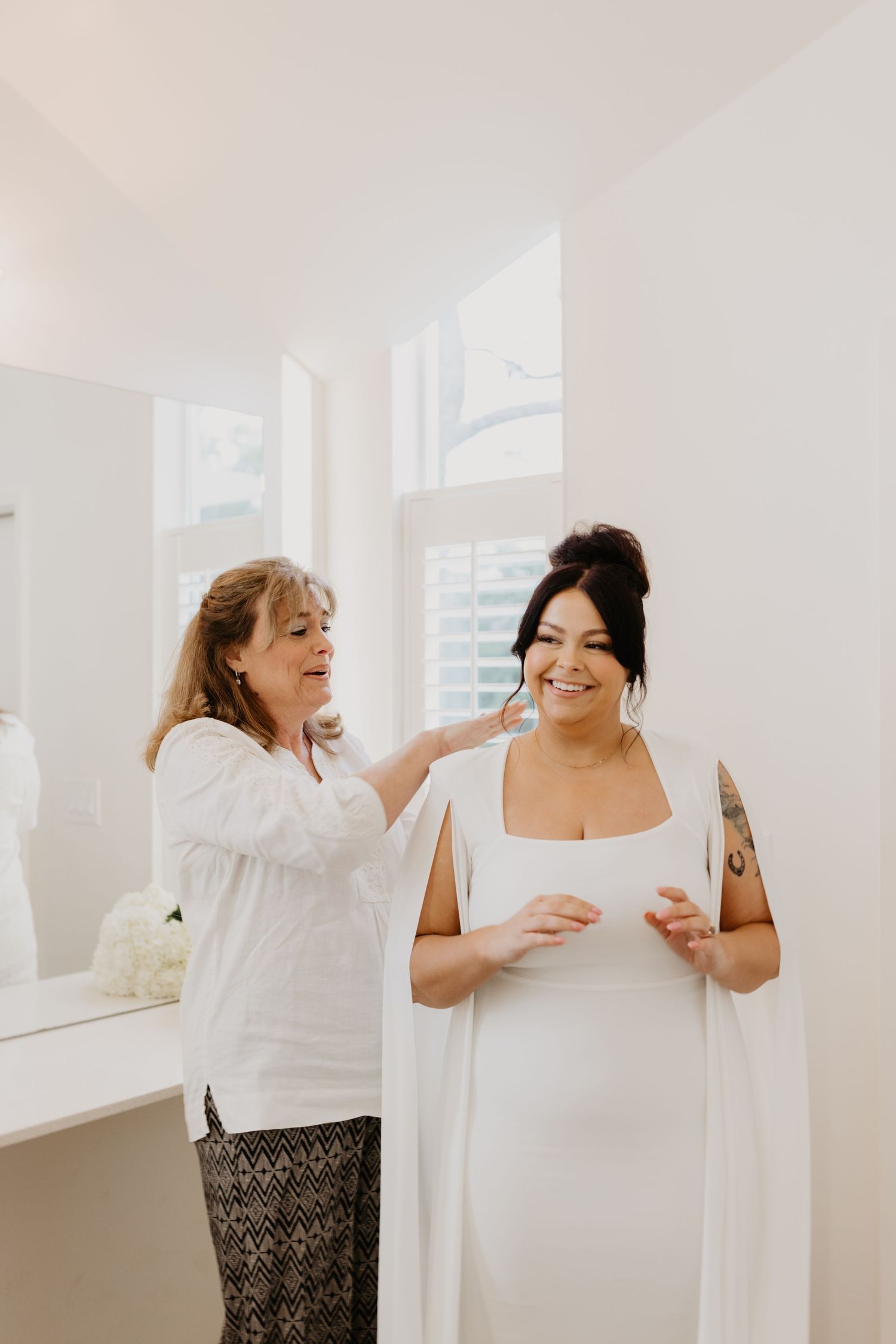A heartwarming candid series of photos showing emotional reactions and joyful embraces in a bright sunlit room.