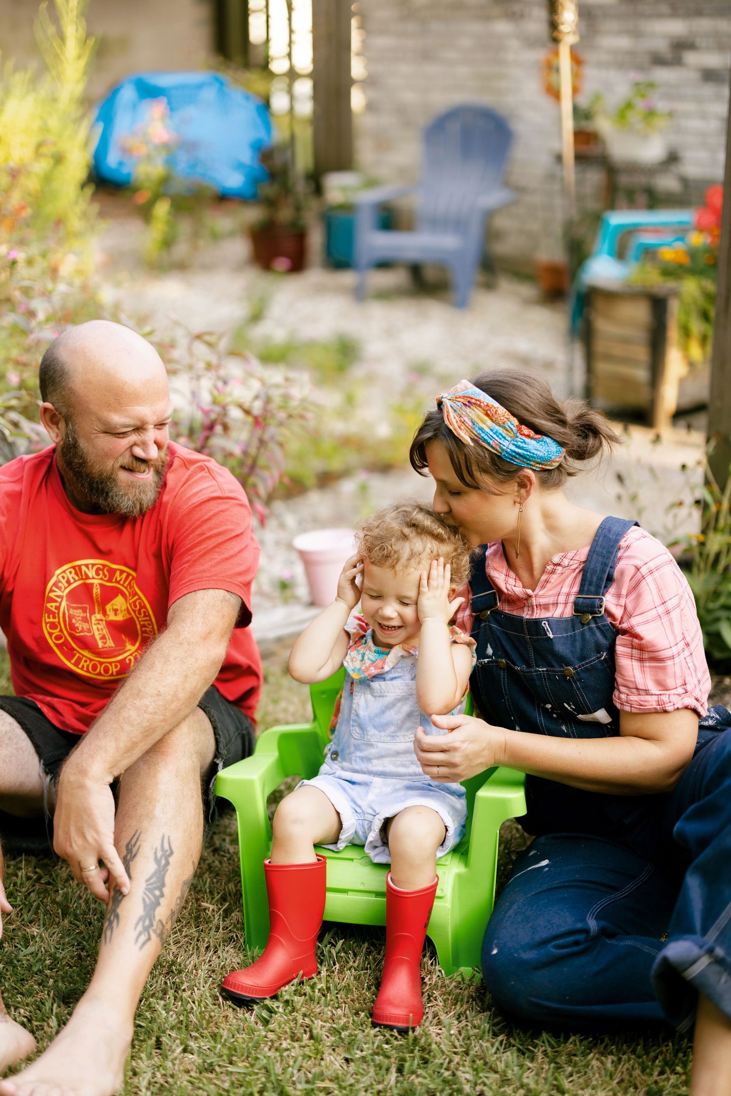 Multiple connected images showing playful interactions outdoors near a brick wall backdrop.