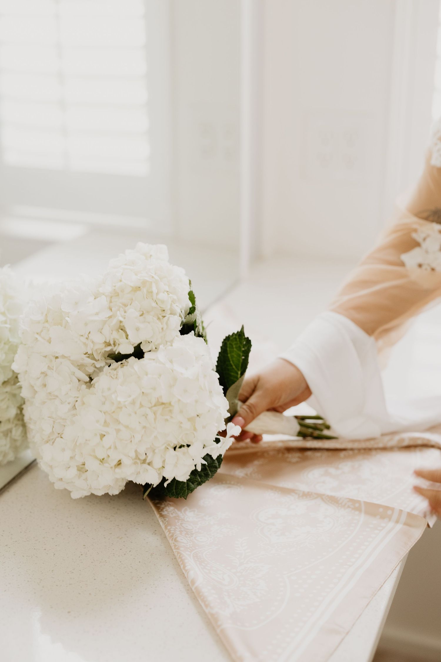 White hydrangeas rest on white fabric while hands gently lay blossoms down in an elegant arrangement.