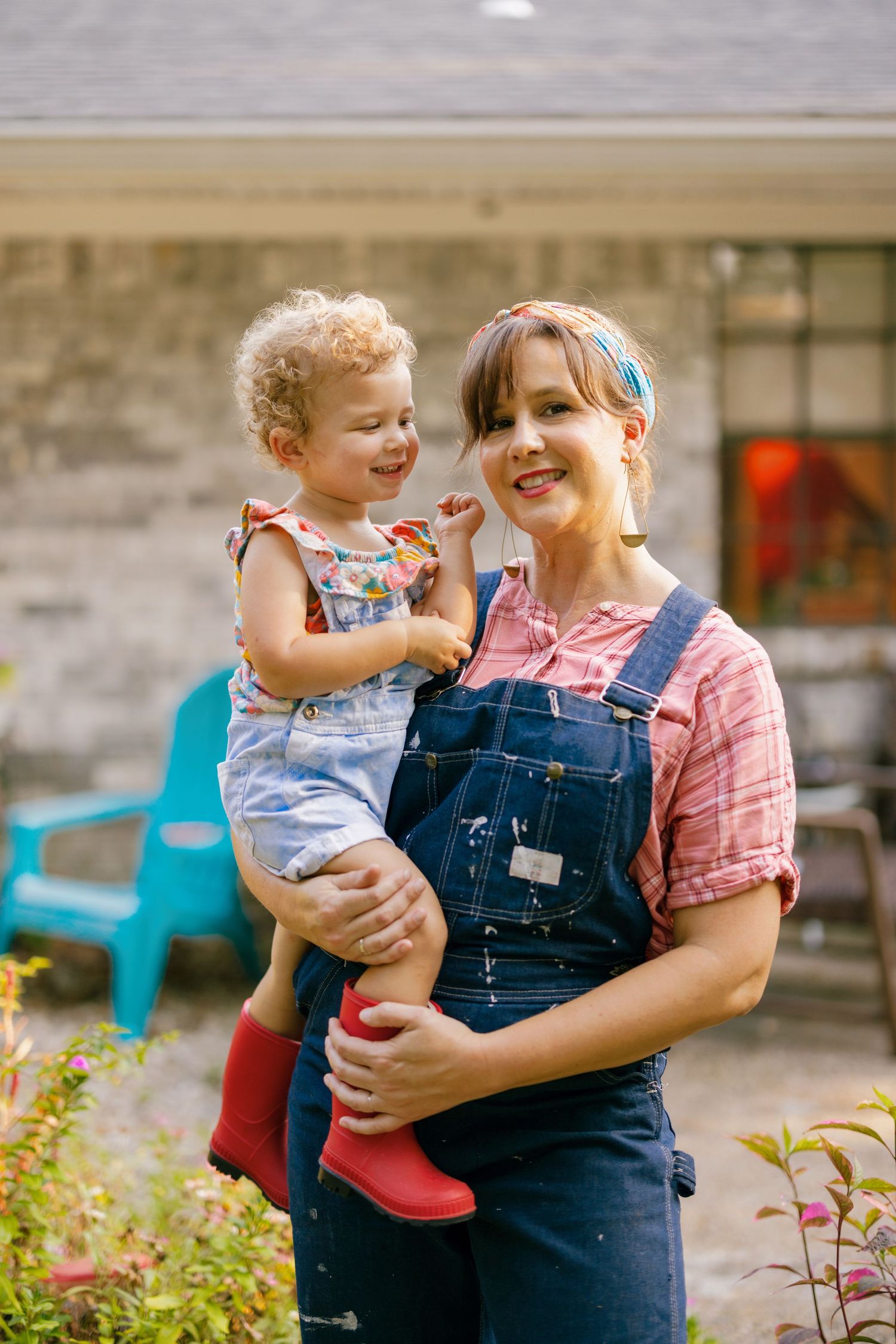 Candid photo series of parent and child sharing joyful moments together in an outdoor garden setting.