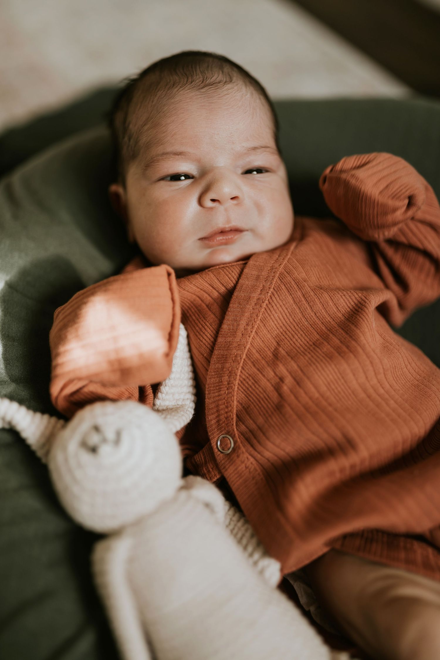 Newborn baby wearing a rust-colored cardigan lies on green bedding next to a white plush toy.