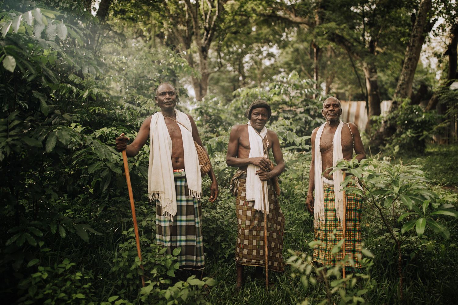 Three people wearing traditional white wraps and patterned sarongs stand with walking sticks in a lush green forest setting.
