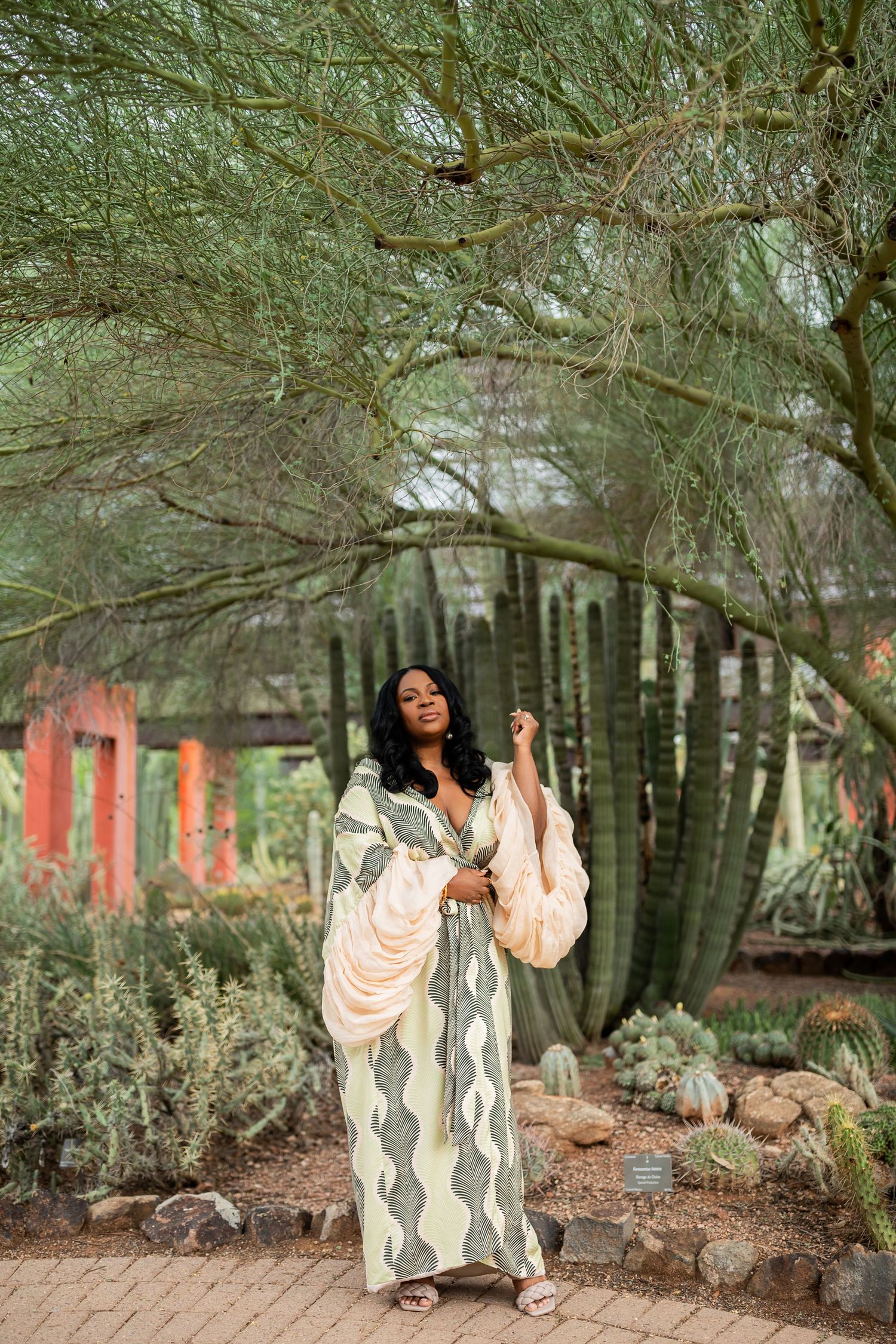 Woman in flowing patterned maxi dress poses elegantly in desert garden with cacti and pink accents at dusk.