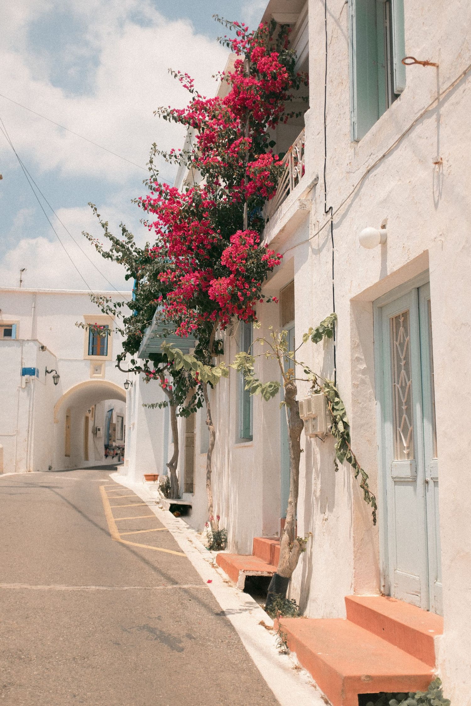 Narrow white-walled Mediterranean street with vibrant pink bougainvillea flowers and blue-trimmed doors along a curved path.
