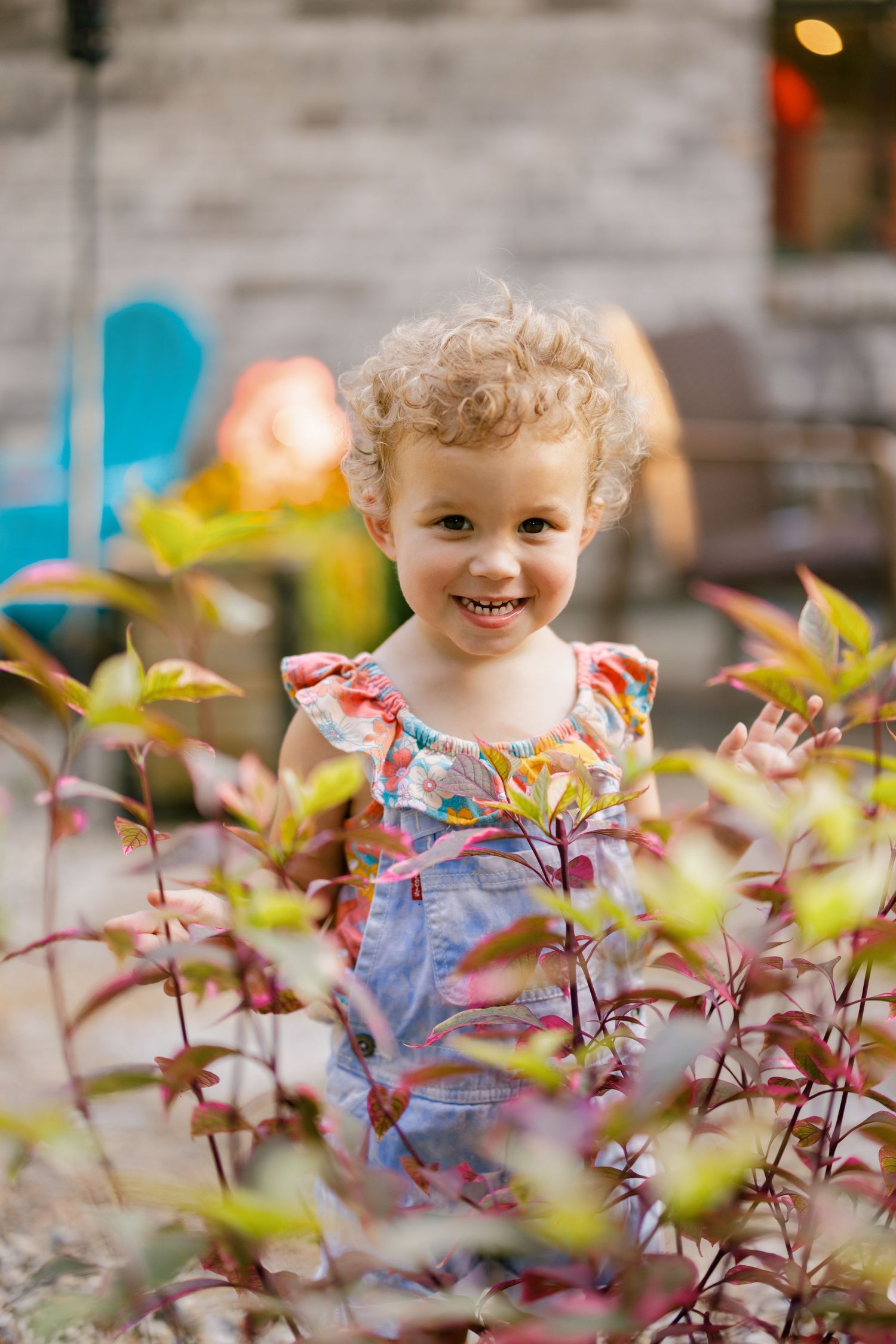 A young child peeks through vibrant purple and green foliage in a garden setting with shallow depth of field.