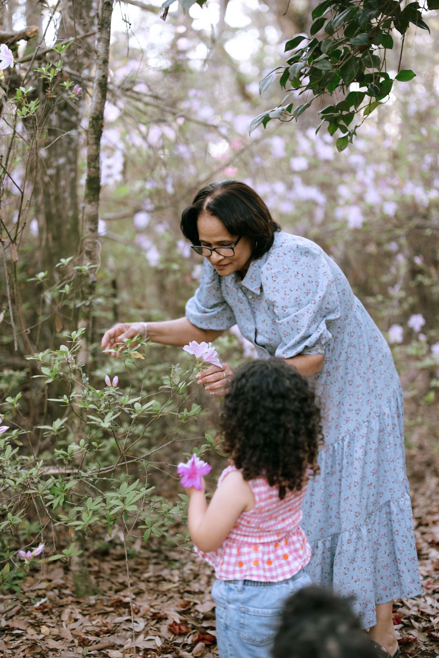 Two individuals explore a garden together while looking at delicate pink flowers in a natural outdoor setting.
