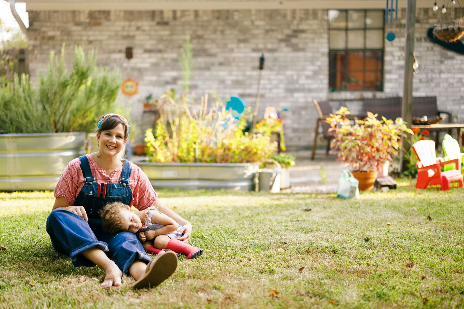 A set of playful outdoor activity images showing children engaged in outdoor play and discovery on grassy yards.