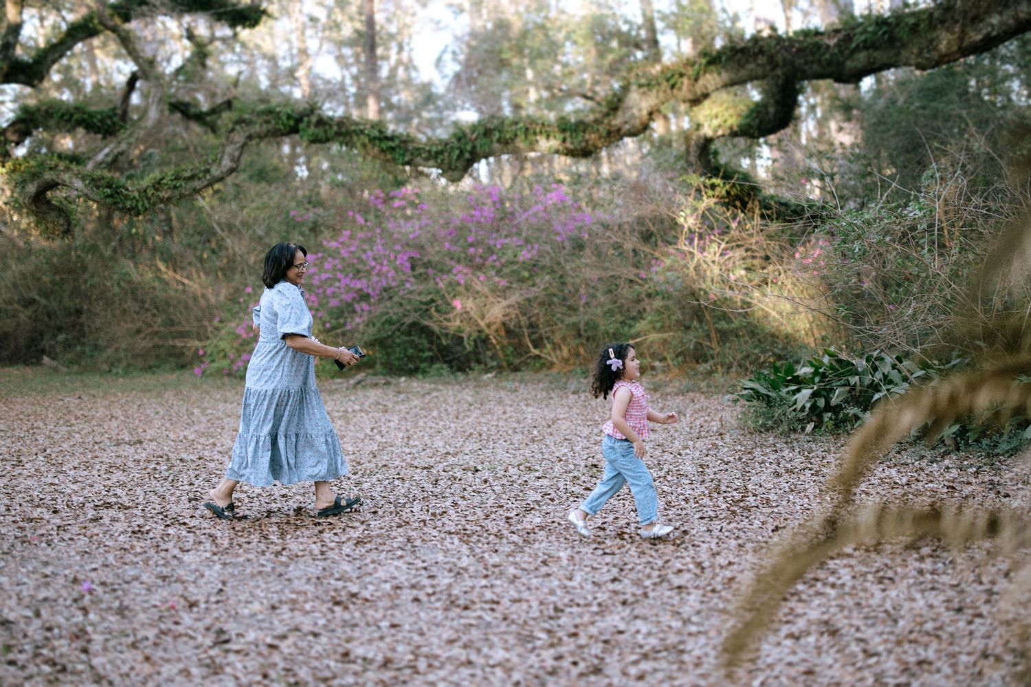 People walk along a natural trail under moss-covered trees and flowering plants in a dreamy outdoor setting.