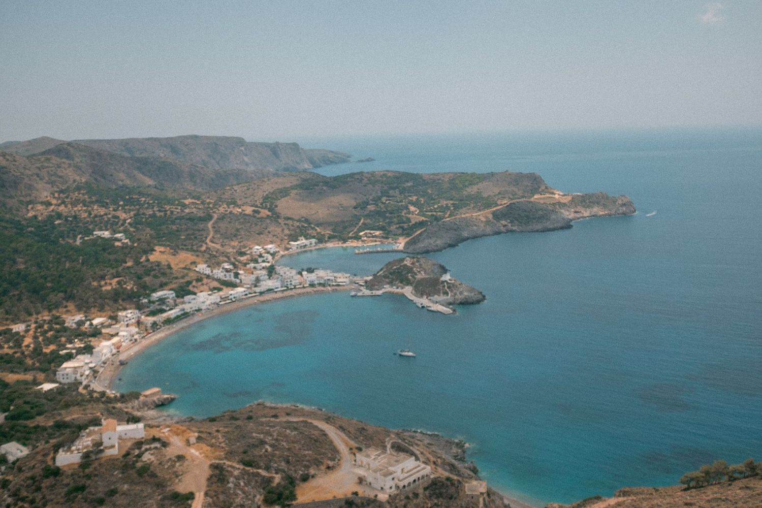 Beautiful aerial panoramic views of coastal landscape and Mediterranean Sea with mountains and turquoise waters.
