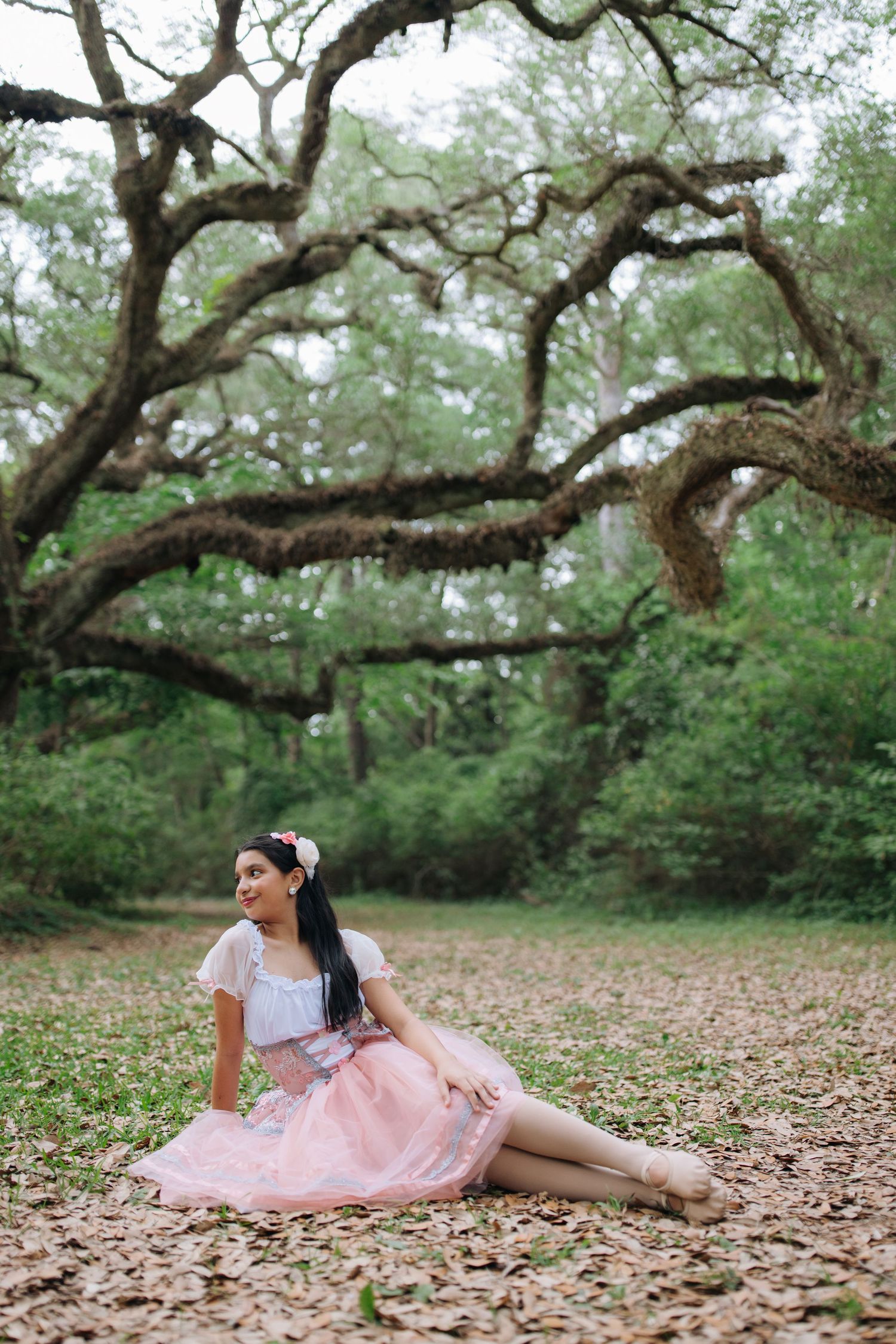 A dreamy portrait beneath a sprawling oak tree with someone in a pink tulle skirt sitting on fallen leaves.