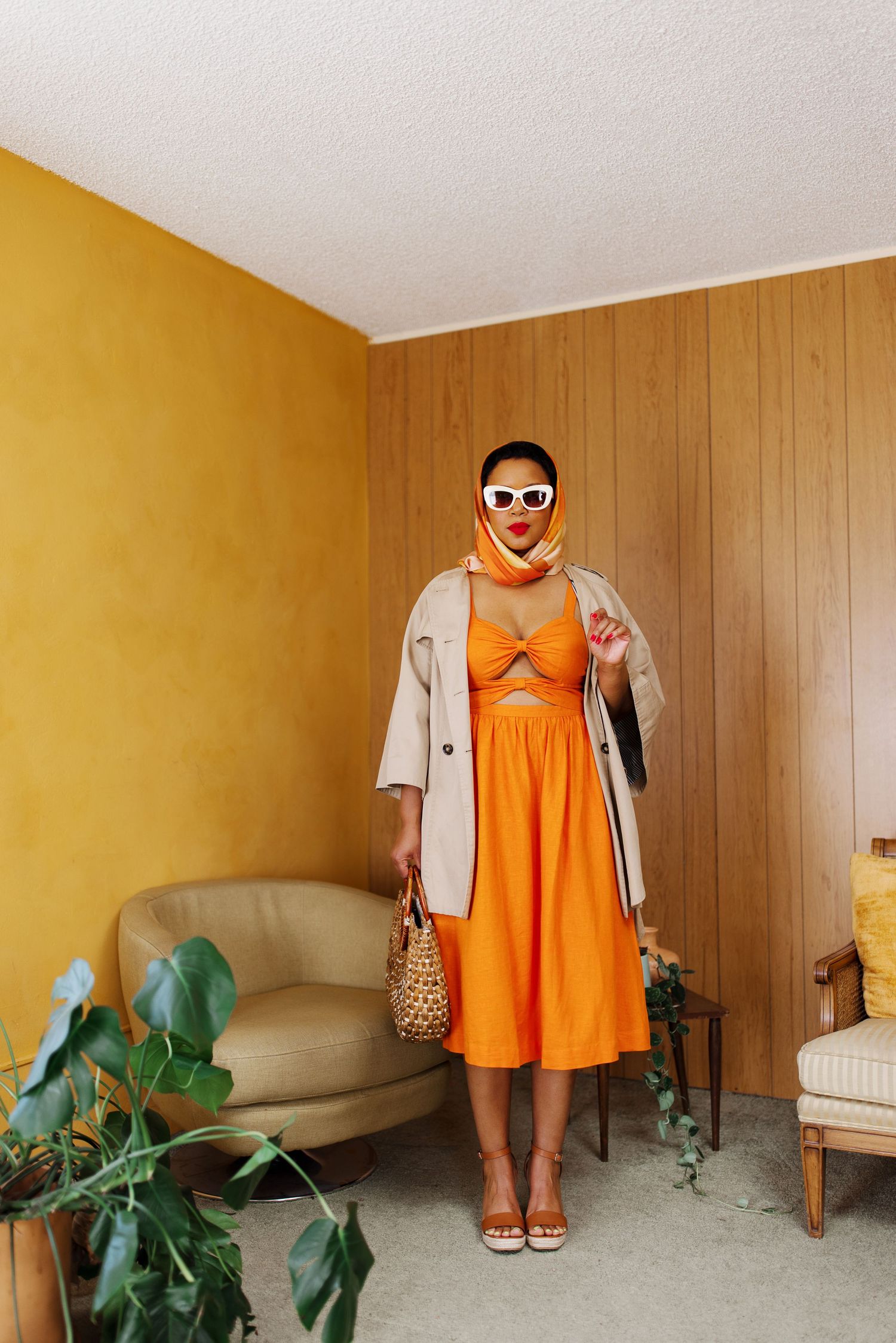 Orange tank top and brown wall interior with houseplant decor shown in sequential cropped composition.