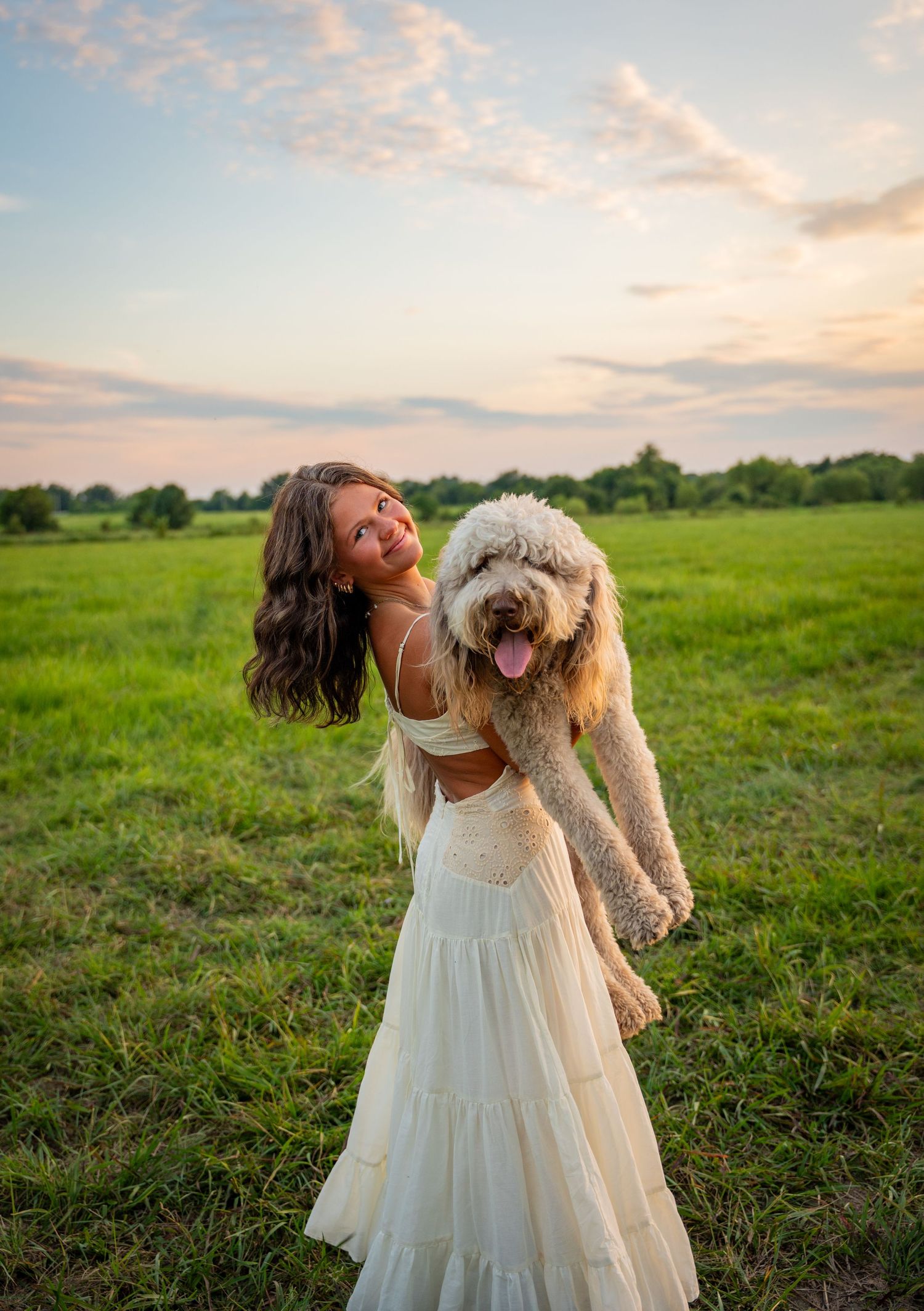 Fluffy goldendoodle dog playing joyfully with someone in a white summer dress in a green meadow at sunset.