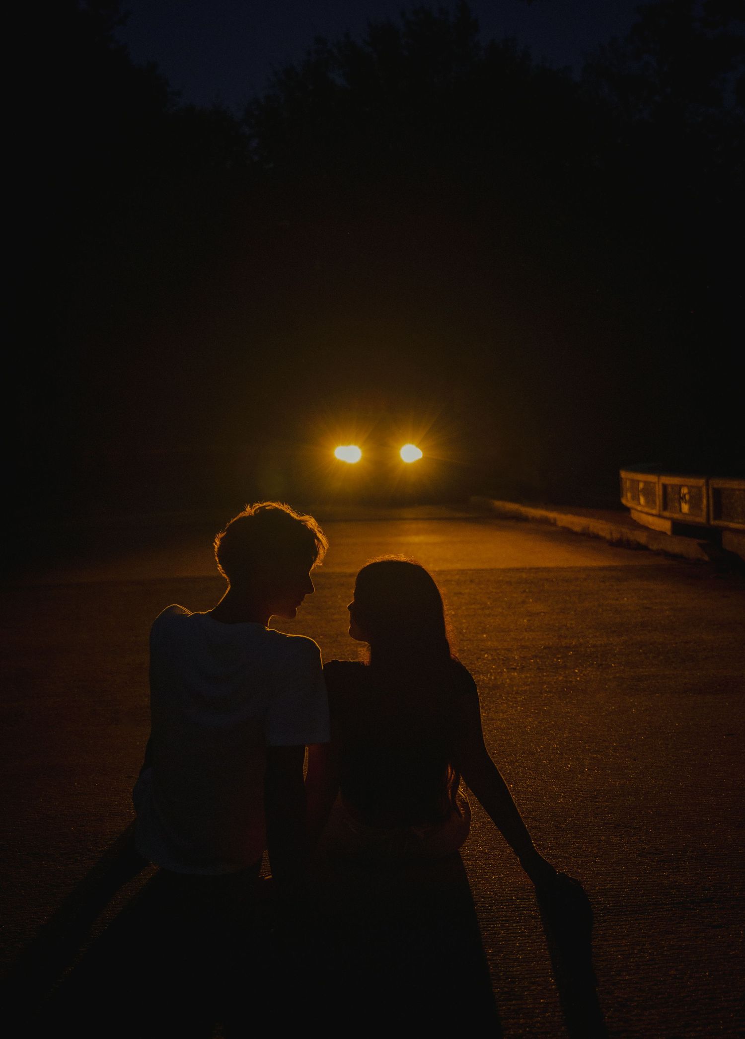 Silhouettes of people against a dark night sky with glowing car headlights in the background.