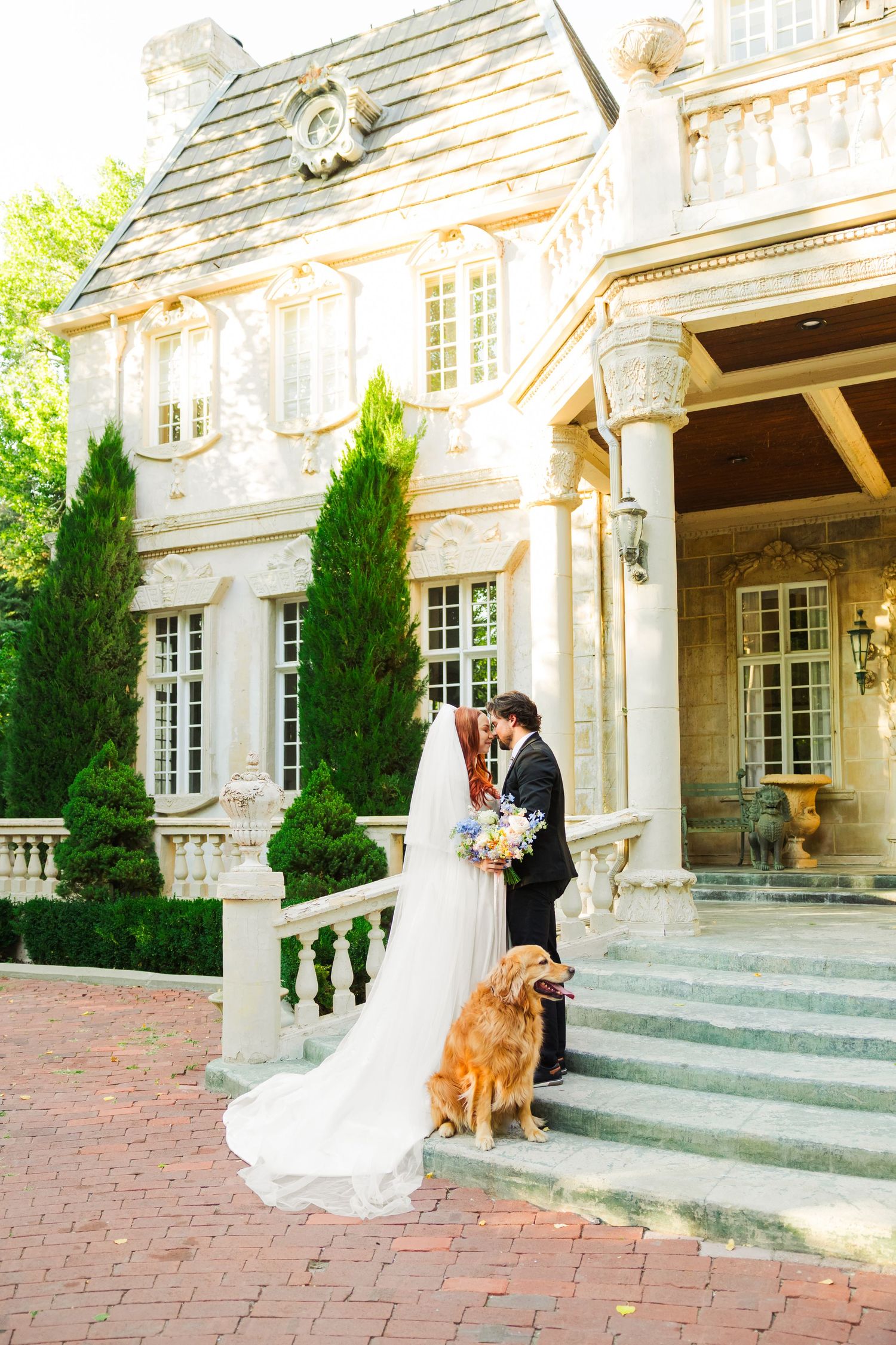 Bride and groom with dog at La Caille photography by Av Potter Photo a Utah wedding and lifestyle photographer