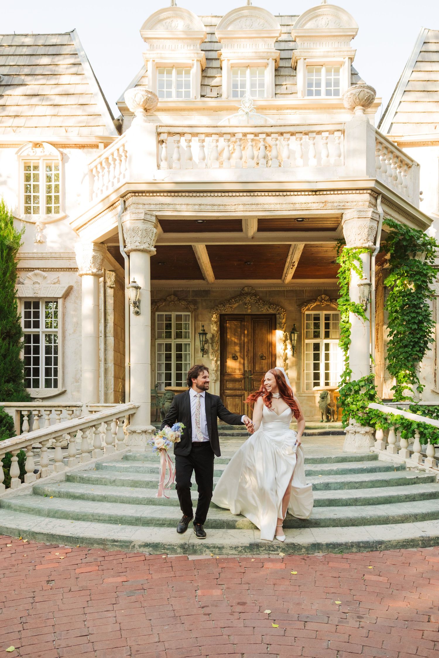 Bride and groom running at La Caille photography by Av Potter Photo a Utah wedding and lifestyle photographer