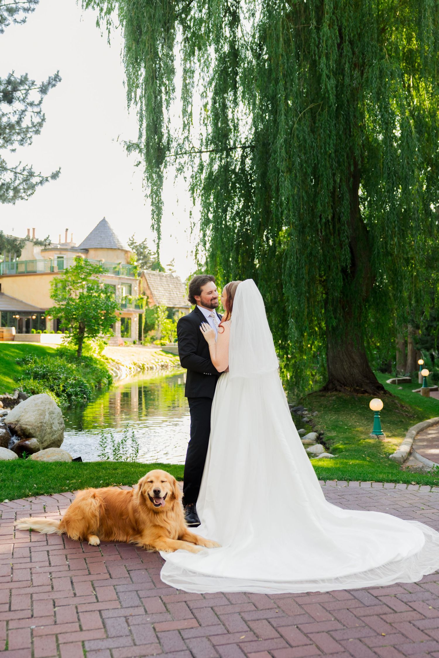 Bride and groom with dog at La Caille photography by Av Potter Photo a Utah wedding and lifestyle photographer