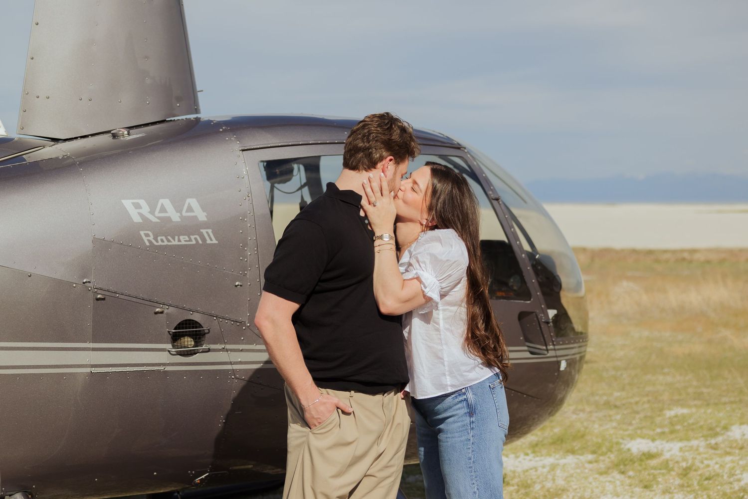 Helicopter Proposal at Stansbury Island in Utah photography by Av Potter Photo a Utah wedding and lifestyle photographer