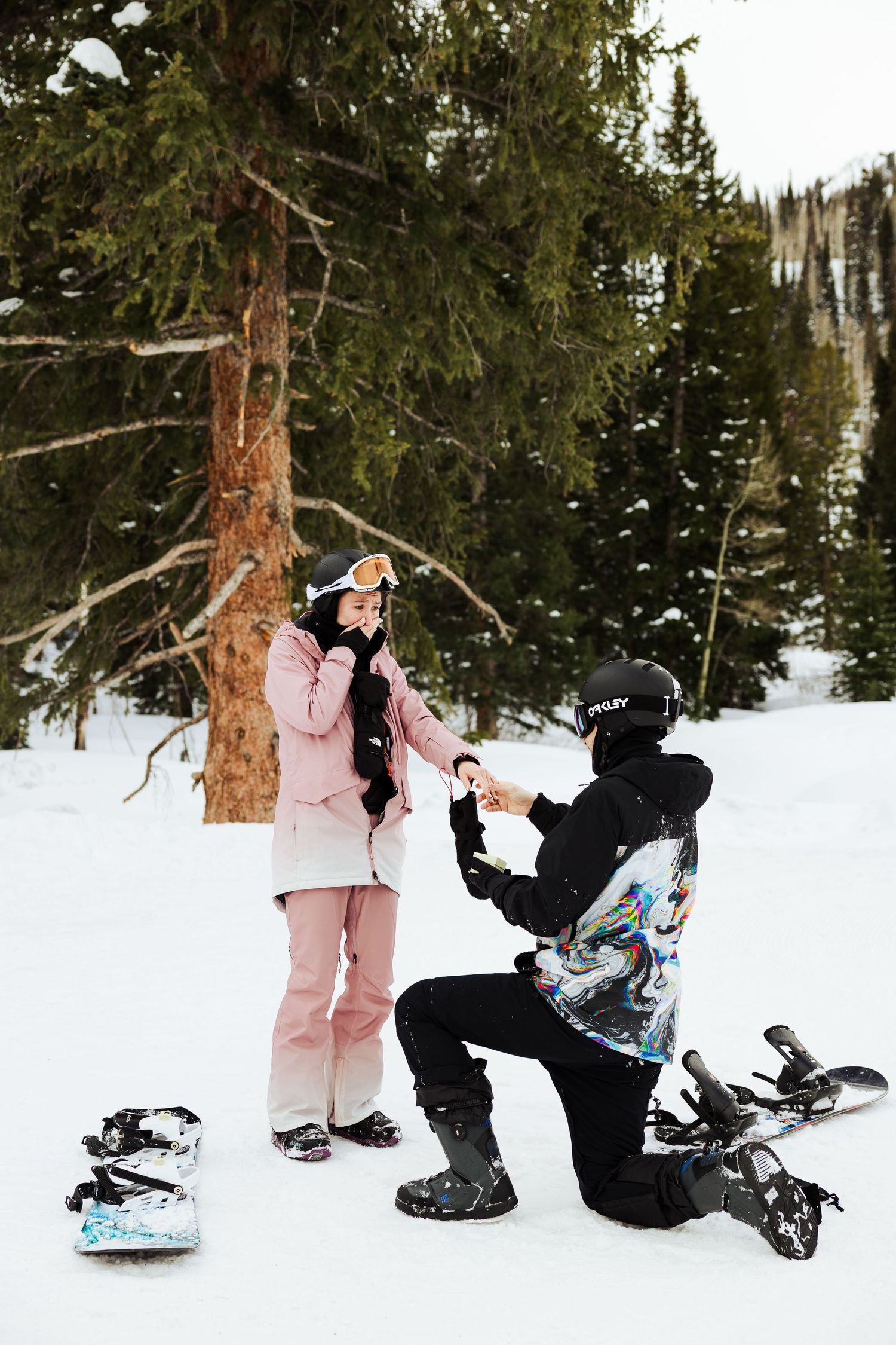 Proposal in ski attire at Solitude Mountain Resort photography by Av Potter Photo a Utah wedding and lifestyle photographer