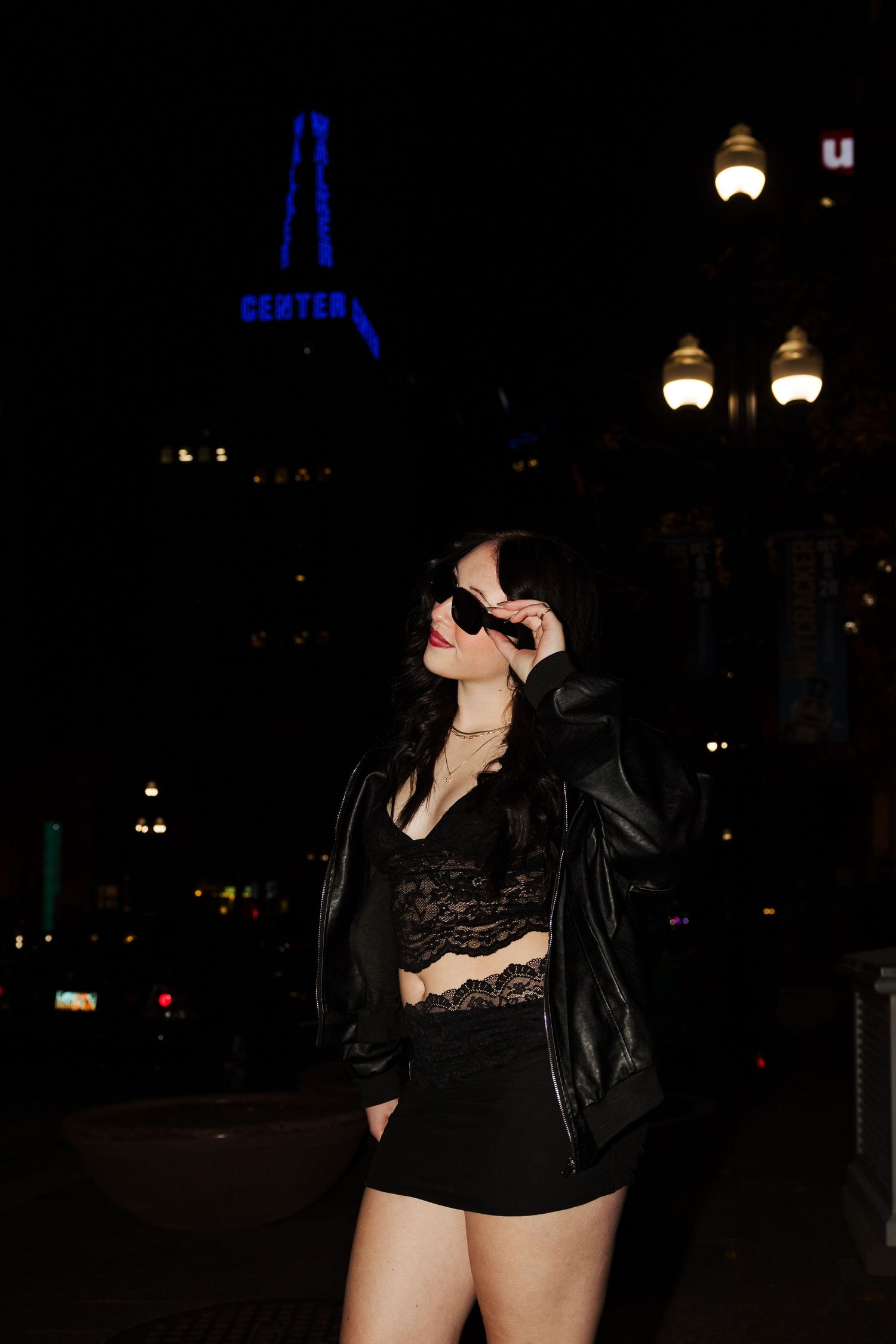 Girl at Salt Lake City Downtown during the night photography by Av Potter Photo a Utah wedding and lifestyle photographer