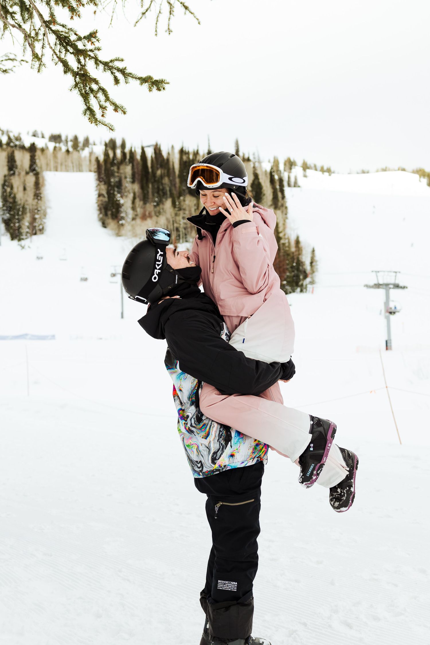 Couple in ski attire at Solitude Mountain Resort photography by Av Potter Photo a Utah wedding and lifestyle photographer