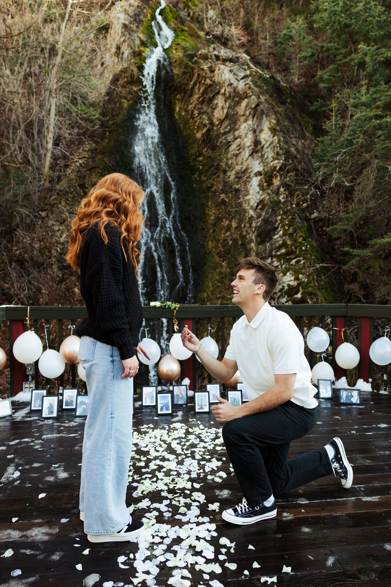 Proposal at Log Haven Restaurant in Millcreek Canyon, Utah photography by Av Potter Photo a Utah wedding and lifestyle photographer