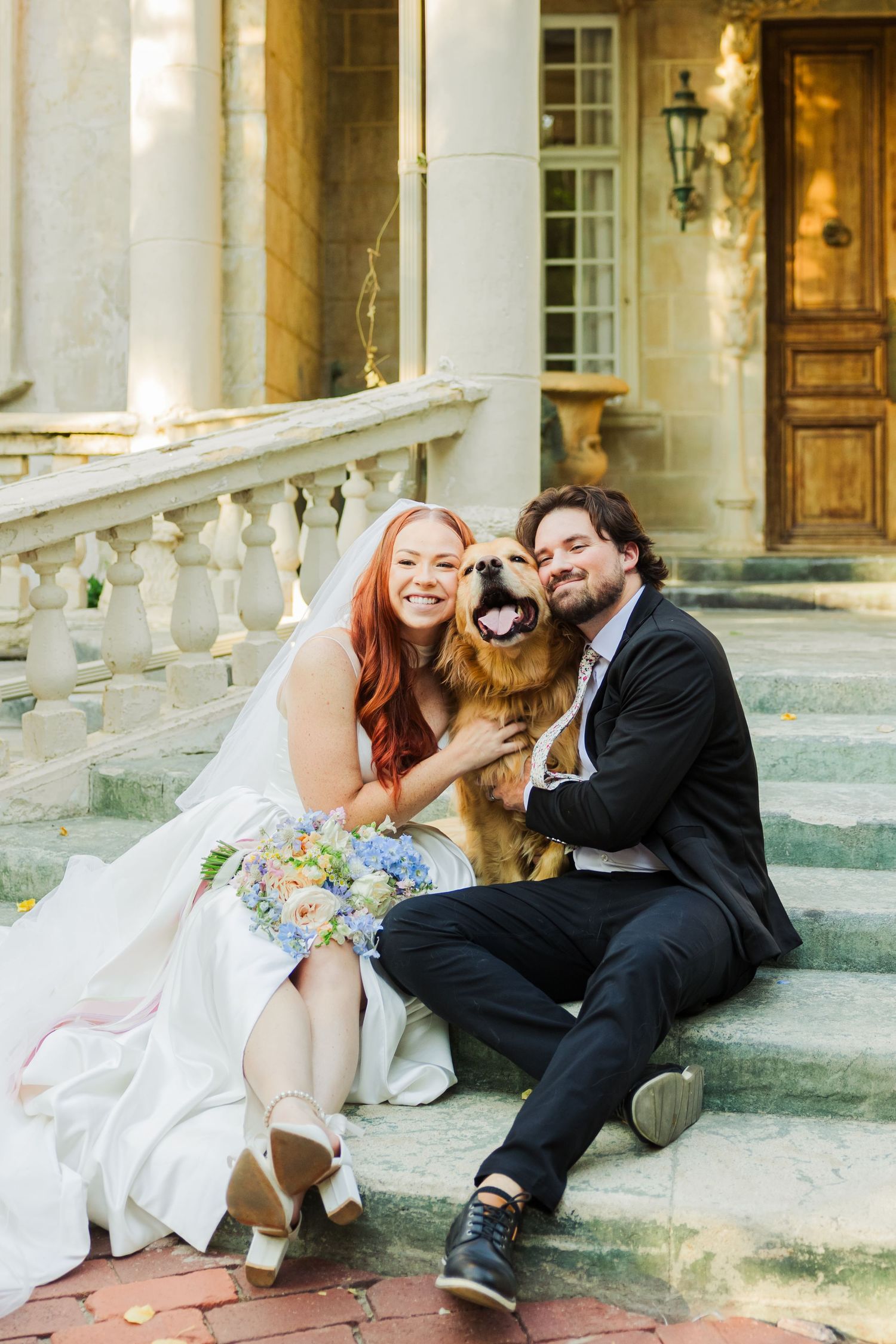 Bride and groom with dog at La Caille photography by Av Potter Photo a Utah wedding and lifestyle photographer