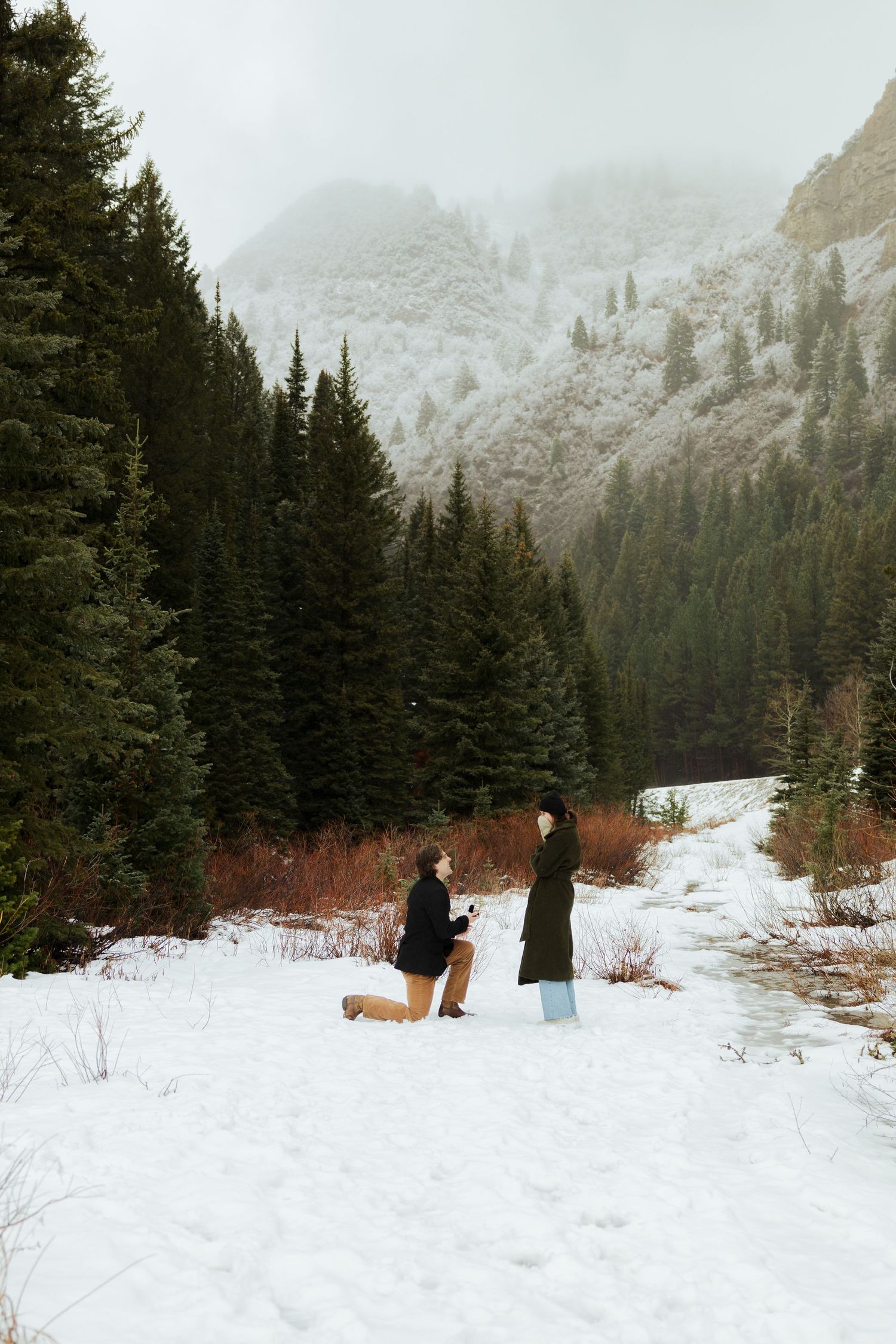 Winter proposal at Jordan Pines Campground photography by Av Potter Photo a Utah wedding and lifestyle photographer