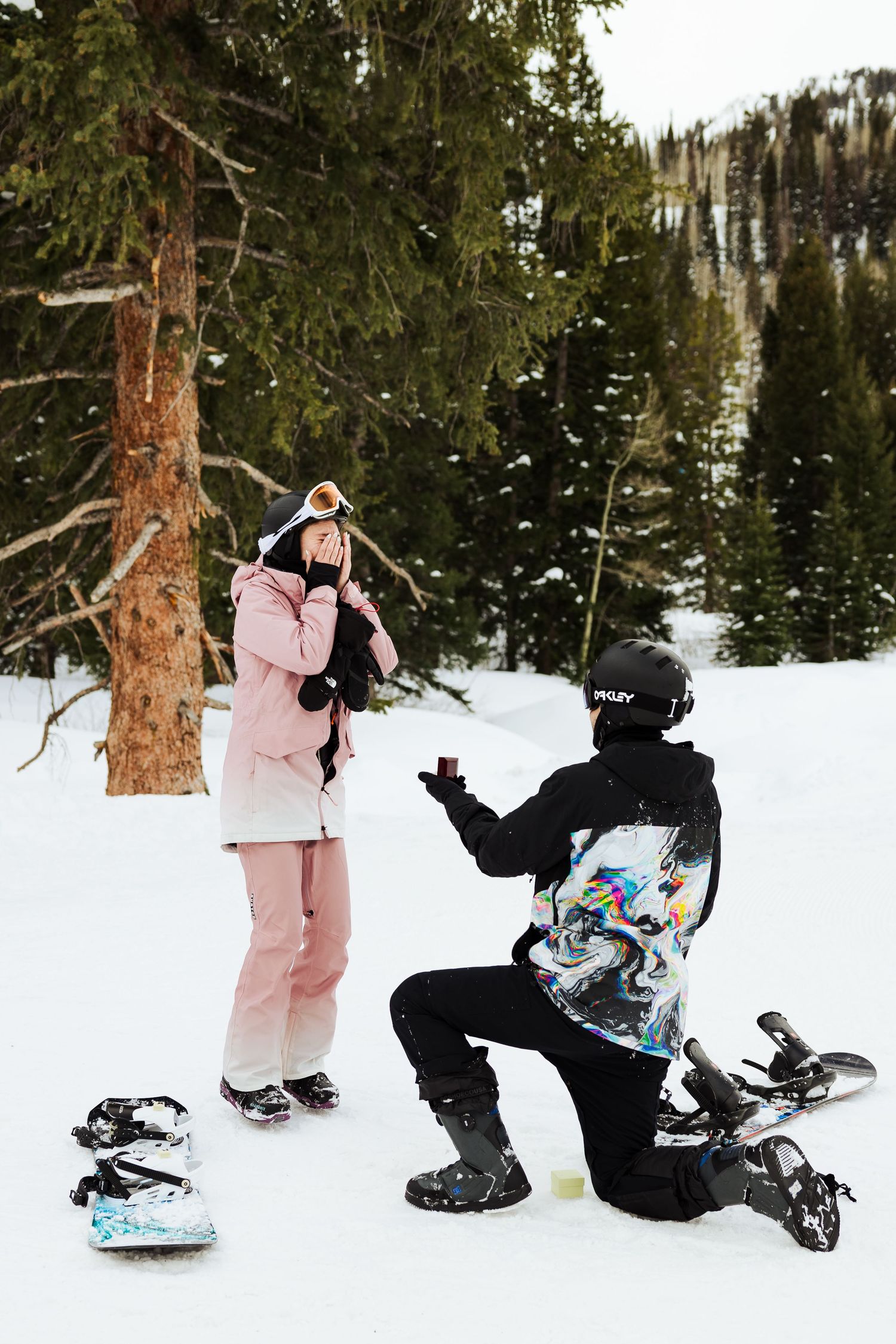 Snowboard proposal at Solitude Resort in Big Cottonwood Canyon,Utah photography by Av Potter Photo a Utah wedding and lifestyle photographer