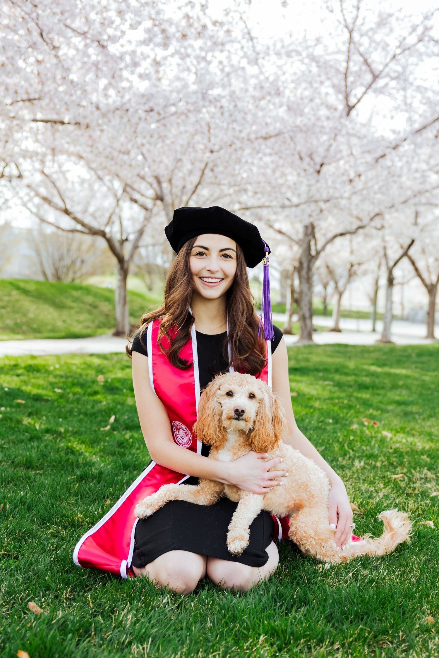 Graduation with dog during cherry blossom season at The Utah State Capitol photography by Av Potter Photo a Utah wedding photographer