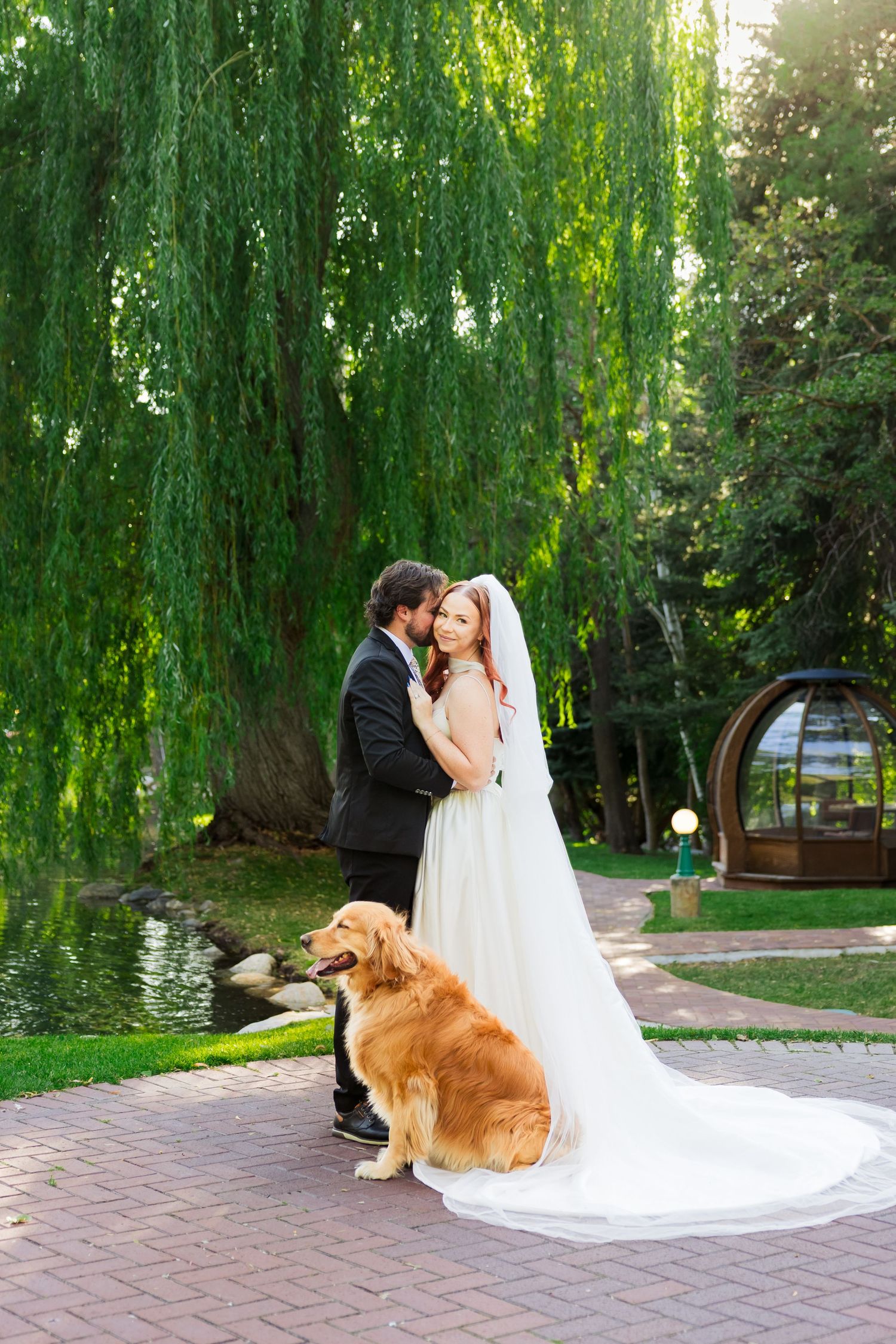 Bride and groom with dog at La Caille photography by Av Potter Photo a Utah wedding and lifestyle photographer