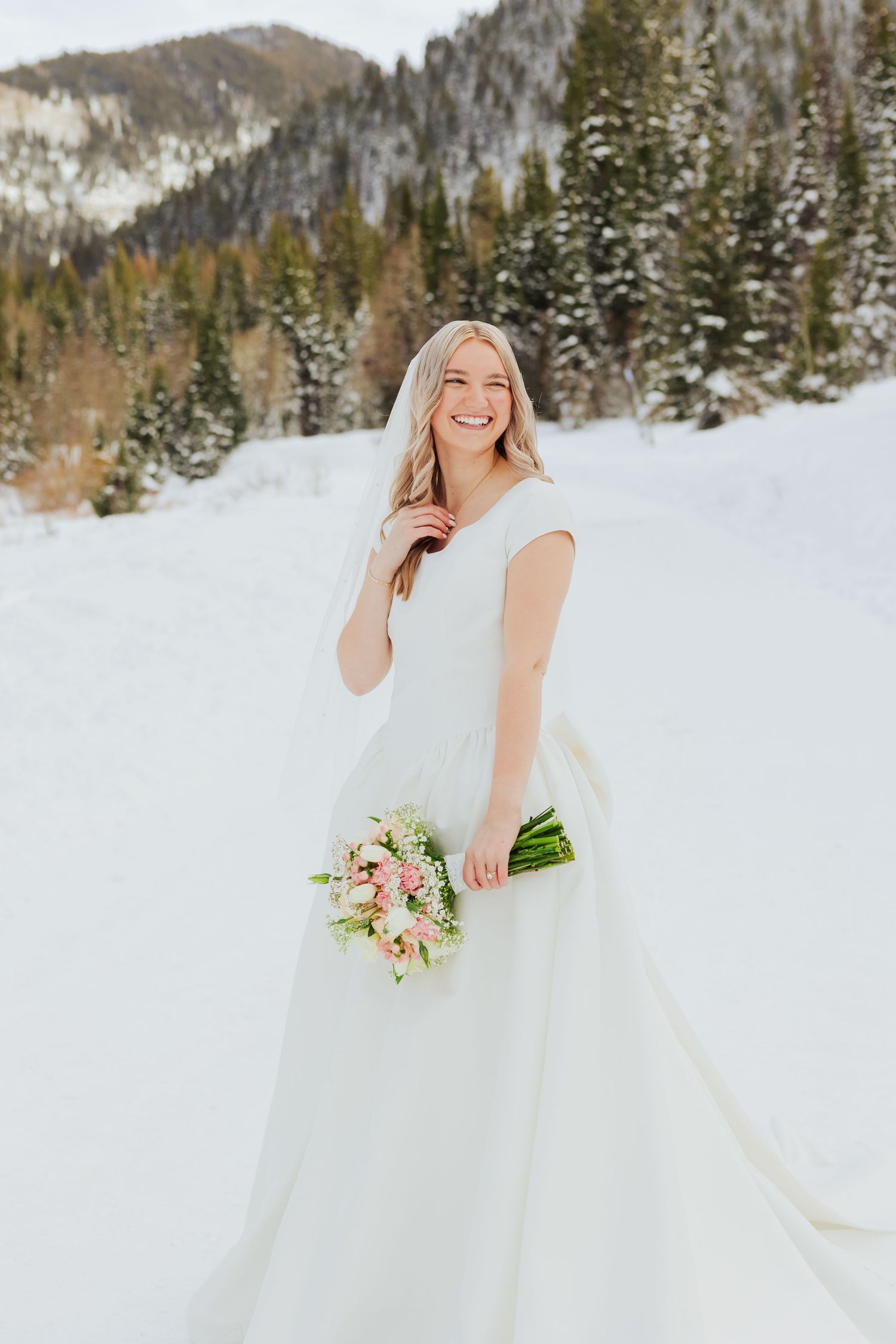 Bride during winter at Jordan Pines Campground photography by Av Potter Photo a Utah wedding and lifestyle photographer