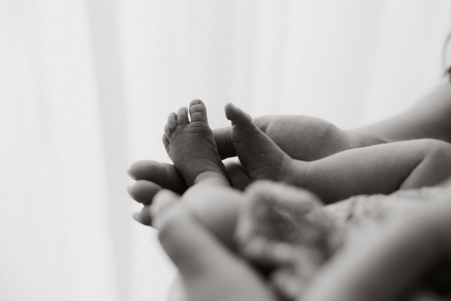 Close-up of newborn baby toes in black and white with gentle lighting.
