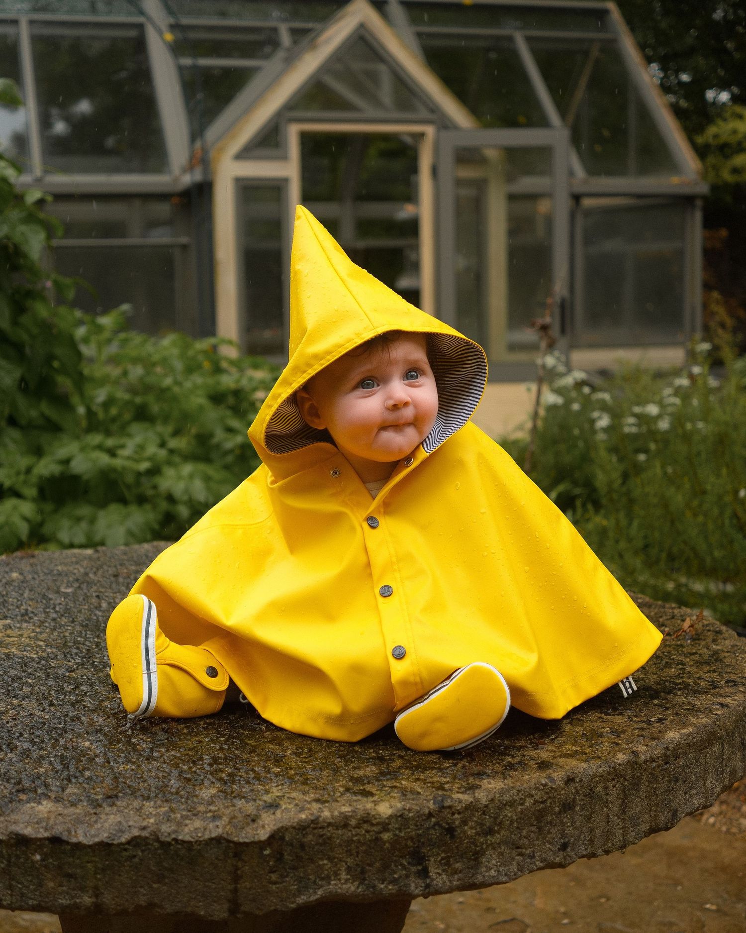 Baby in a yellow hooded rain poncho and matching booties sits on a round stone table in a garden with a greenhouse behind.