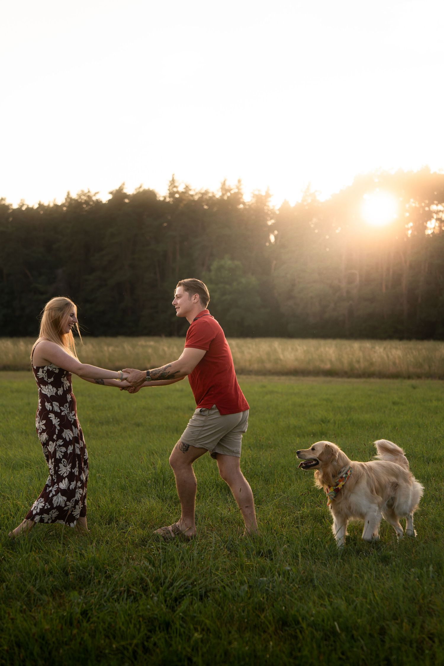 Couple holding hands and dancing in a sunlit grassy field at sunset while a golden retriever watches nearby.