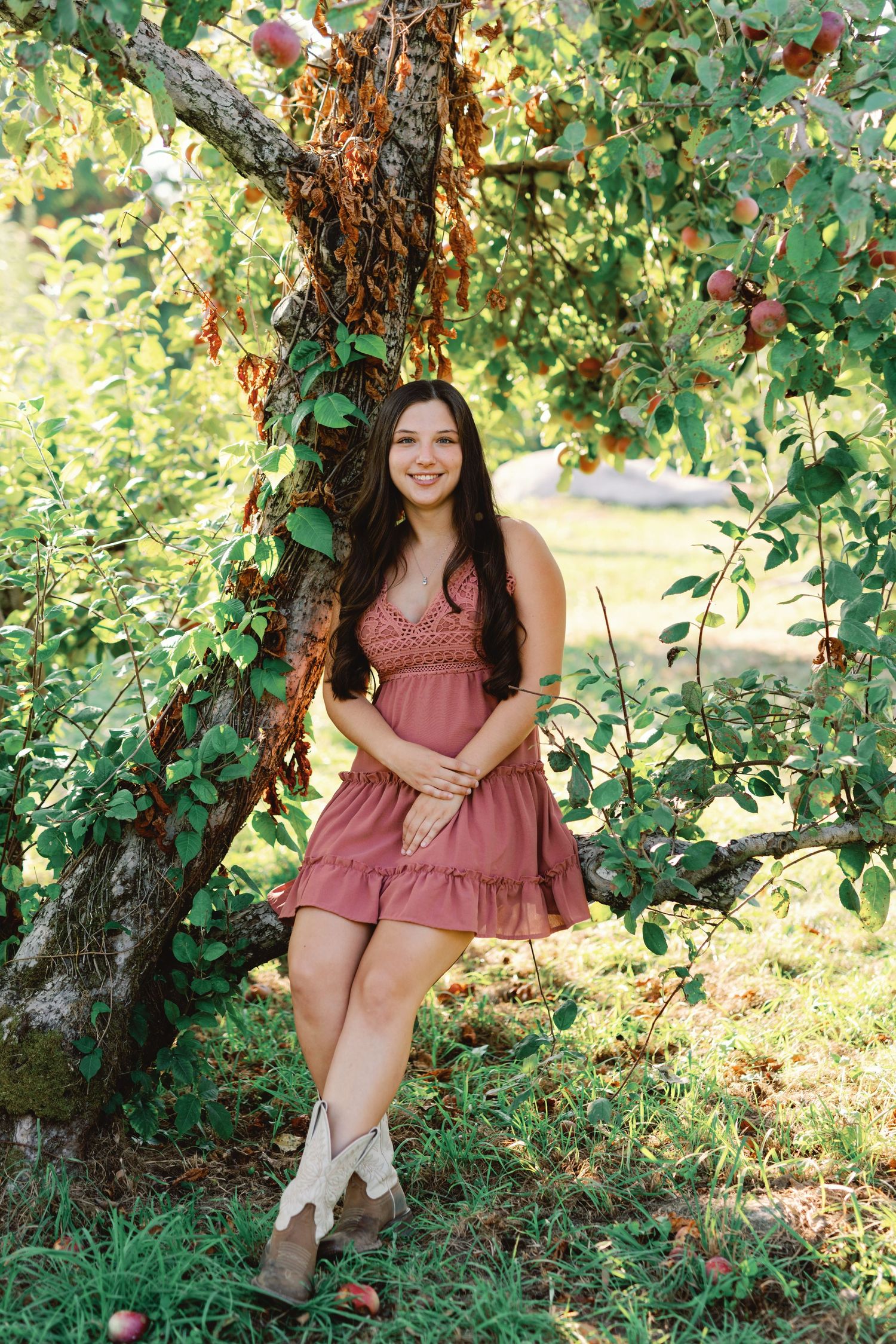 A girl in a dusty rose dress sits under an apple tree in a sunny orchard during late summer.