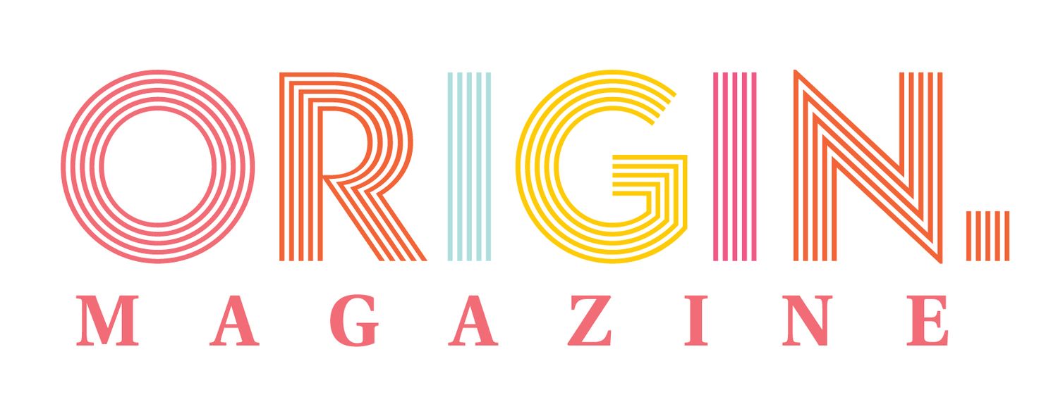 Colorful retro-style text logo for Origin Magazine with rainbow gradient line pattern effect.