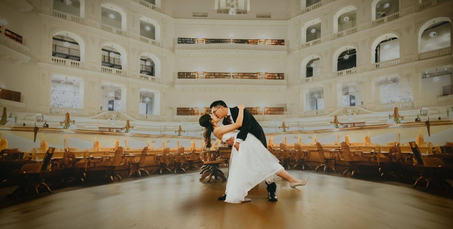 A panoramic collage of an elegant ballroom with high ceilings and ornate architectural details set up for a wedding ceremony.