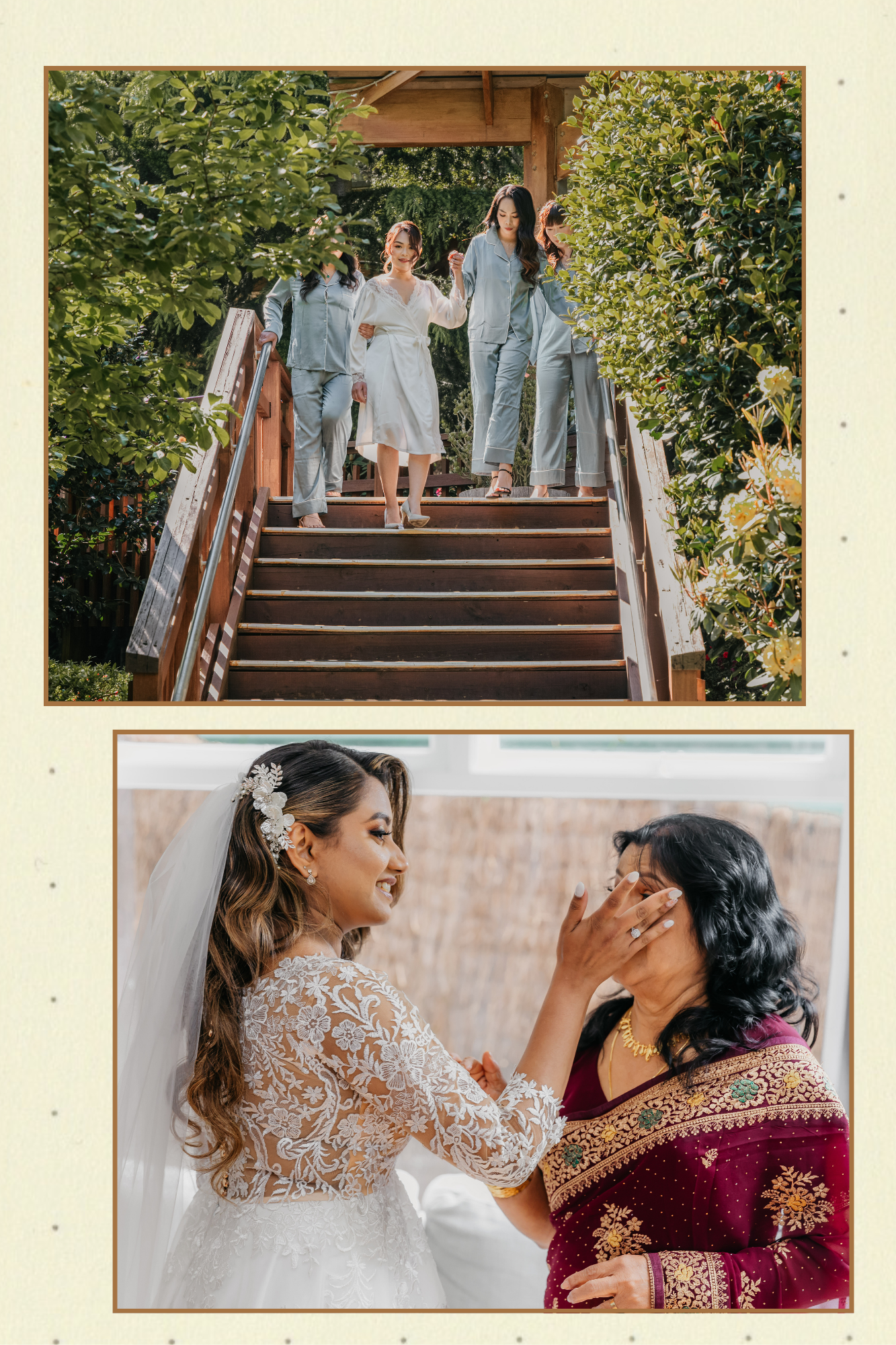 Bridesmaids in light blue dresses gather on outdoor stairs during Queensland wedding ceremony celebration.
