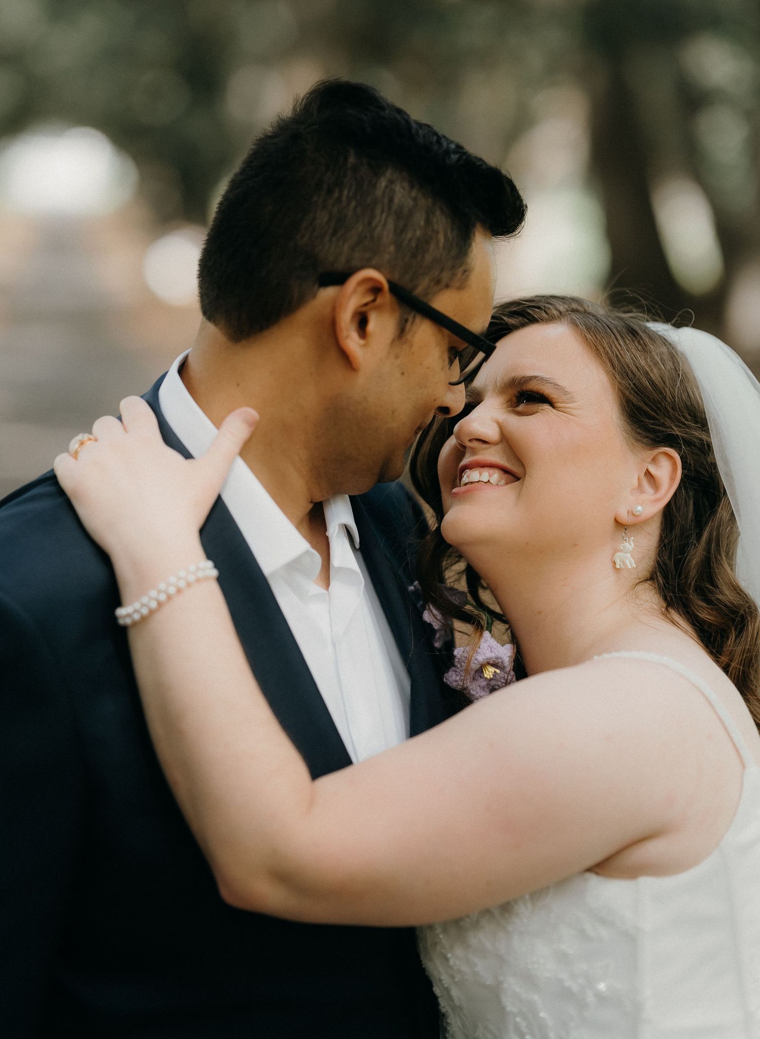A romantic wedding photo sequence showing a couple in formal attire sharing intimate moments in a sunlit outdoor setting.