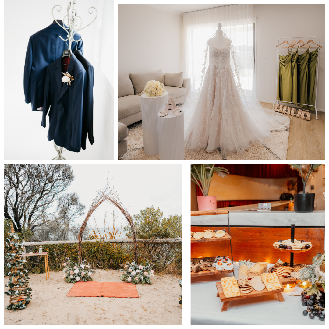 Rustic wedding setup in snow-covered forest with wooden benches, lanterns, and evergreen trees in the background.