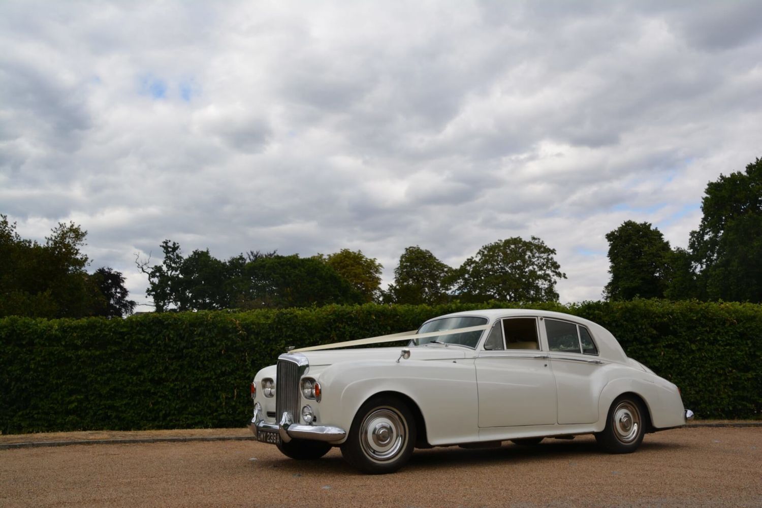 A line of classic white vintage luxury cars with sleek designs displayed on a grass field against a cloudy sky.