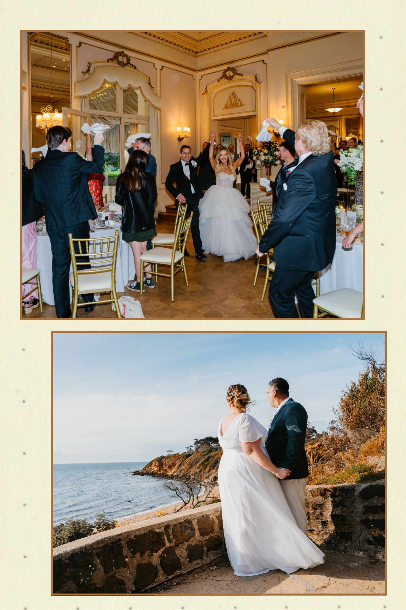 Wedding celebration at an elegant venue showing formal indoor reception and romantic outdoor moments by the seaside.