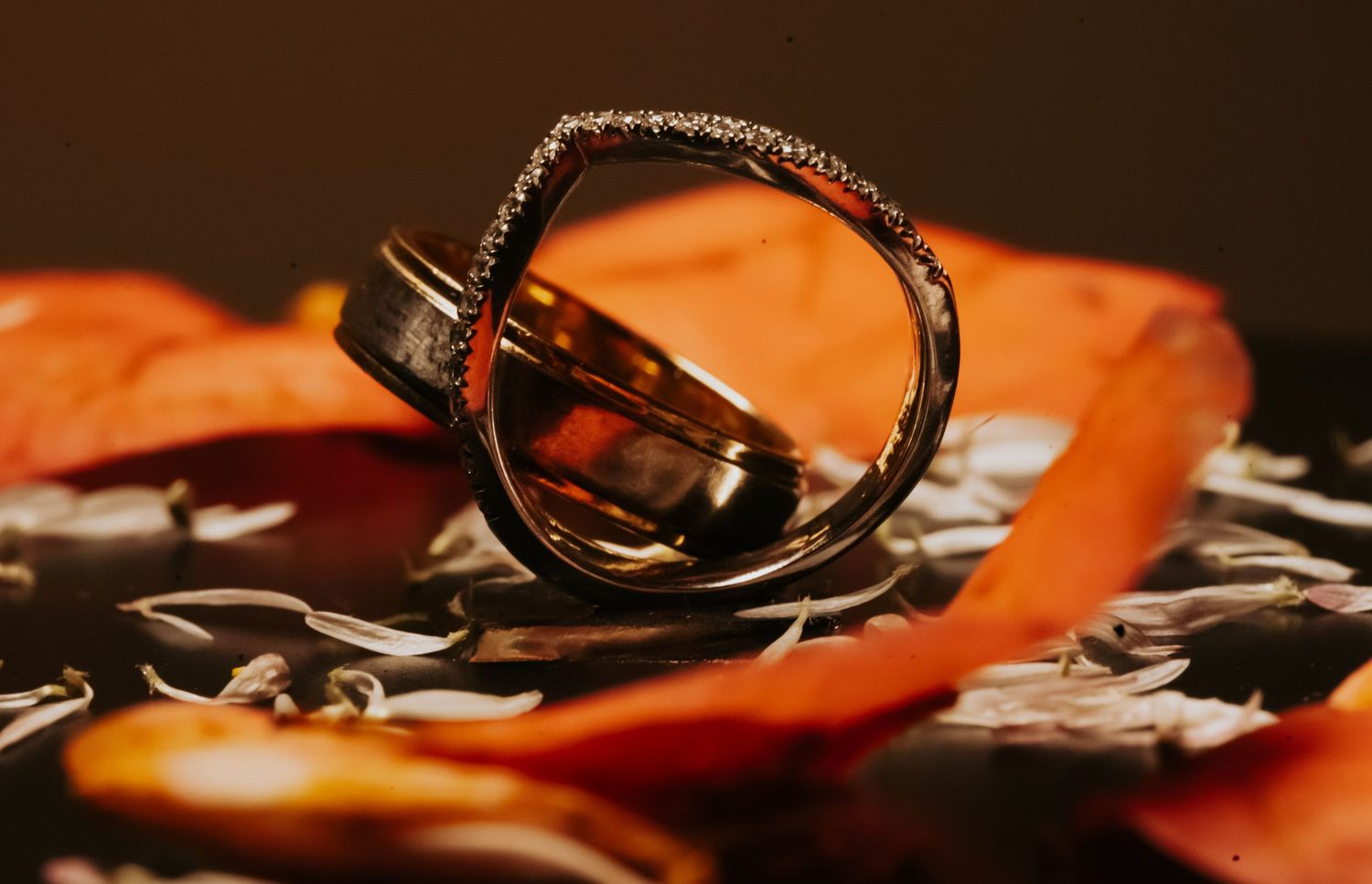 An extreme closeup of sunglasses and jewelry on an orange background shows reflective surface details and texture.