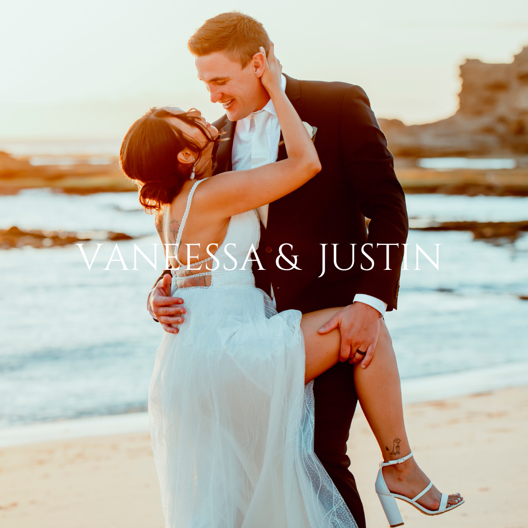Couple sharing intimate dance moment on beach at sunset.