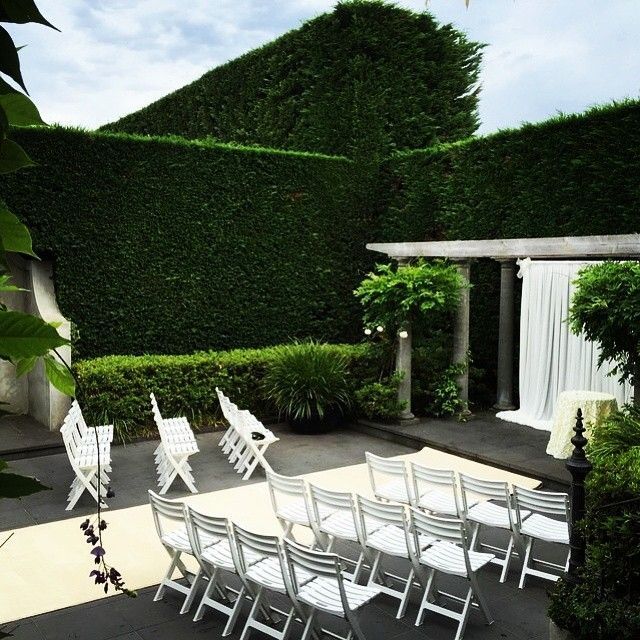 Row of white folding chairs arranged along a hedge-lined patio area in an outdoor garden setting.
